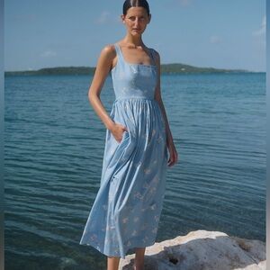 Coco Shop Square Neck Midi Dress in Blue Bouquet - XS